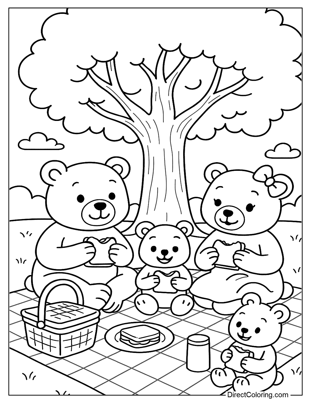 A bear family picnicking under a tree, with a basket of food, a blanket, and sandwiches